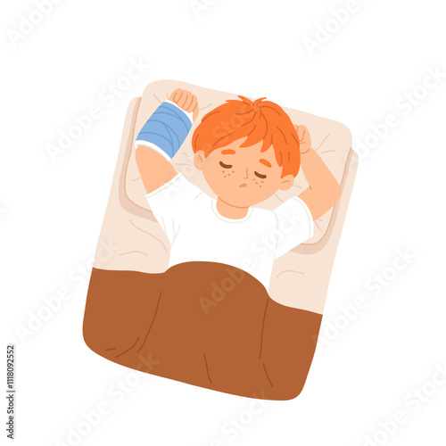 Illustration of a small adorable boy sleeping in bed. Ginger Baby boy with arm cast on fractured hand. Redhead toddler with freckles sleeping under a blanket.