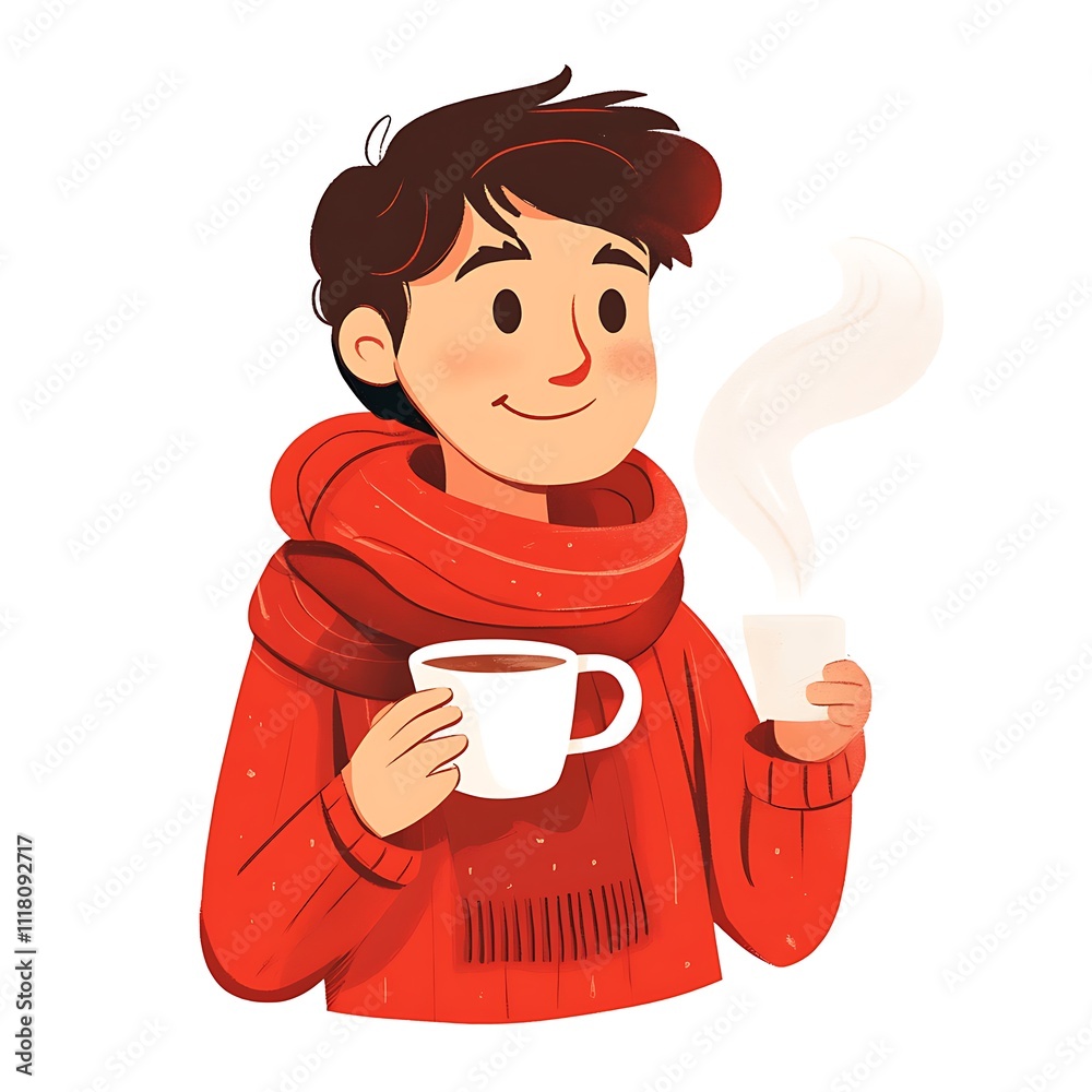 Cartoon Person in Red Scarf, Holding Steaming Mug of Hot Chocolate on a White Background Cartoon Person in Red Scarf, Holding Steaming Mug of Hot Chocolate on a White Background