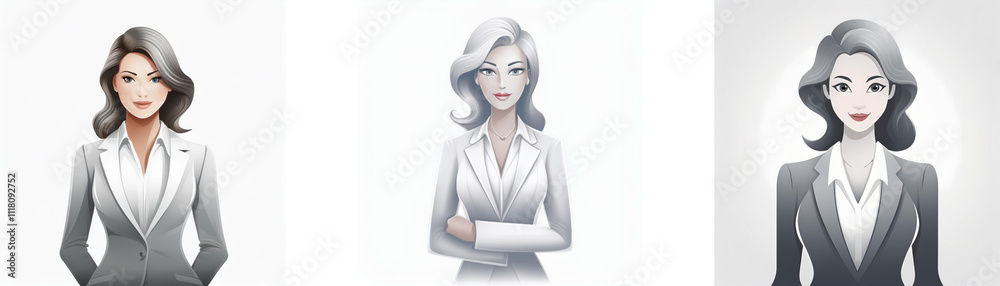 Three stylized illustrations depict professional women in suits. Their hairstyles and suit shades vary, offering diverse representations. Three stylized illustrations depict professional women in suits. Their hairstyles and suit shades vary, offering diverse representations.