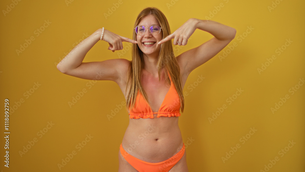 Fototapeta premium Young beautiful woman in a bikini smiling and pointing at her face over an isolated yellow background