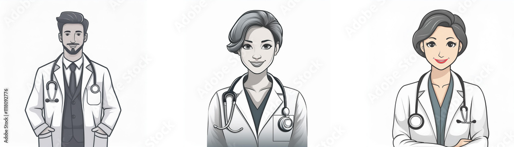 Three doctors, one man and two women, are shown in a simple, grayscale illustration. Each wears a white coat and stethoscope. Three doctors, one man and two women, are shown in a simple, grayscale illustration. Each wears a white coat and stethoscope.