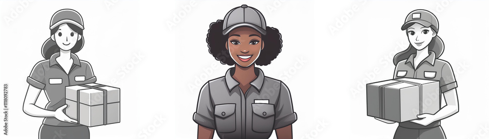 Three delivery workers, diverse in appearance, each holding a package. They wear similar uniforms and caps. Three delivery workers, diverse in appearance, each holding a package. They wear similar uniforms and caps.