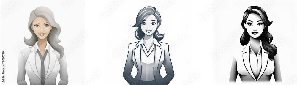 Three illustrations of women in business suits, showcasing varying hairstyles and grayscale tones. The images depict professionalism and diversity. Three illustrations of women in business suits, showcasing varying hairstyles and grayscale tones. The images depict professionalism and diversity.