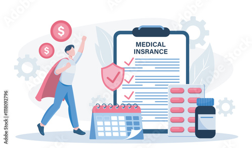 Employee benefits concept. Man near huge medical insurance and calendar with holidays. Pills and medicines. Caring for workers, social advantages. Flat vector illustration