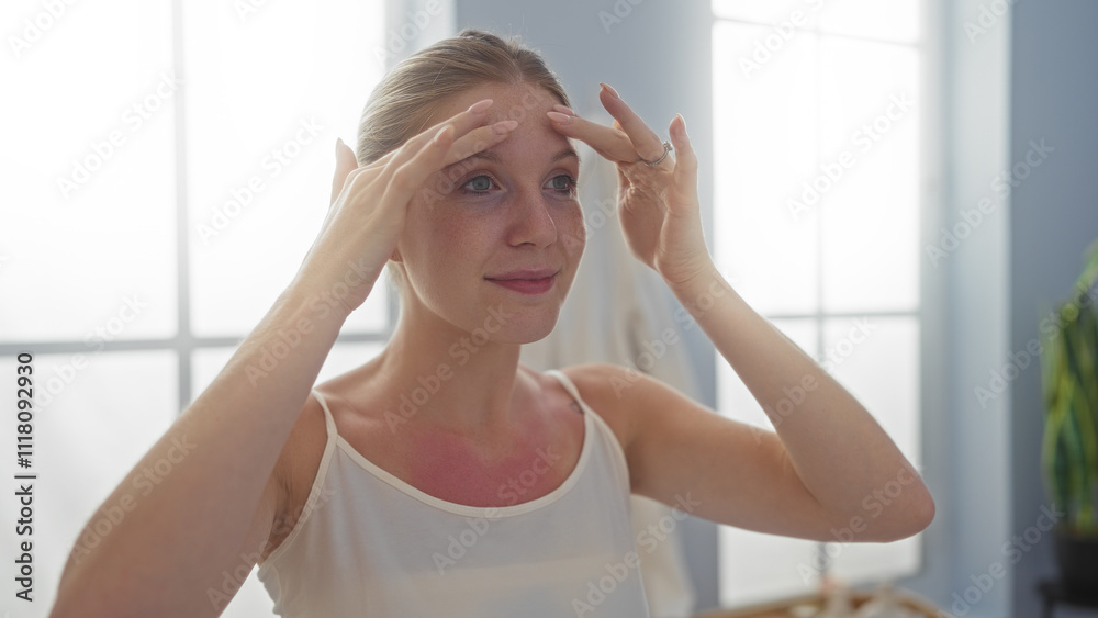 Young woman touching her face in a spa with indoor lighting, appearing focused and relaxed in a beauty treatment room Young woman touching her face in a spa with indoor lighting, appearing focused and relaxed in a beauty treatment room