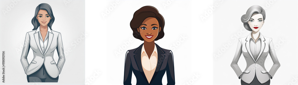 Three diverse businesswomen in suits, showcasing professionalism and style. Each woman represents a unique aesthetic. Three diverse businesswomen in suits, showcasing professionalism and style. Each woman represents a unique aesthetic.