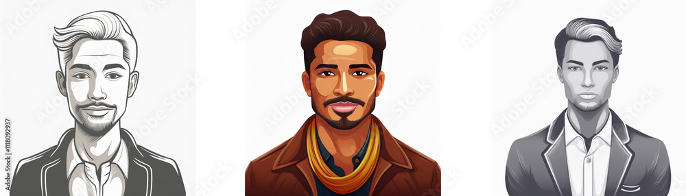 Three stylized male portraits; one grayscale, one in color, one monochrome.  Each depicts a man with a different hairstyle and expression.