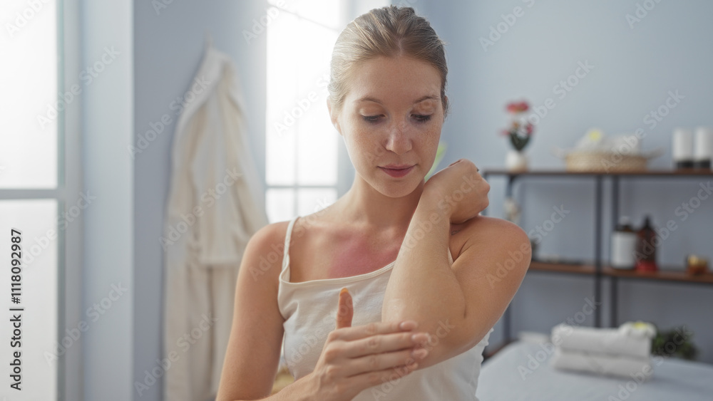 Young blonde woman in spa room applying lotion to her arm in a peaceful wellness center with soft pastel decor. Young blonde woman in spa room applying lotion to her arm in a peaceful wellness center with soft pastel decor.
