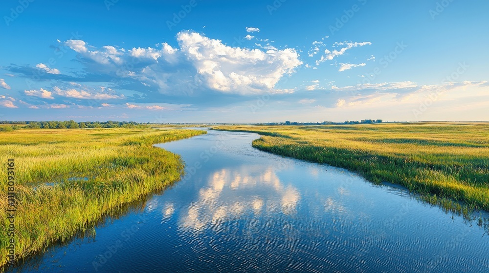 A serene river flows through lush green fields under a bright blue sky, reflecting clouds and creating a tranquil landscape. A serene river flows through lush green fields under a bright blue sky, reflecting clouds and creating a tranquil landscape.