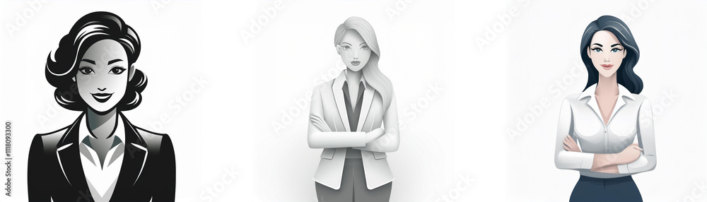 Three stylized female figures, each with a distinct posture and hair style, depicted in grayscale and color. Professional attire is showcased. Three stylized female figures, each with a distinct posture and hair style, depicted in grayscale and color. Professional attire is showcased.