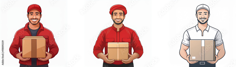 Three delivery men in different uniforms hold cardboard boxes. Smiling faces convey a positive delivery experience. Three delivery men in different uniforms hold cardboard boxes. Smiling faces convey a positive delivery experience.