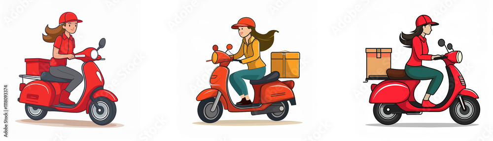 Three women deliver packages on red scooters. Fast, efficient, and reliable delivery service. Three women deliver packages on red scooters. Fast, efficient, and reliable delivery service.