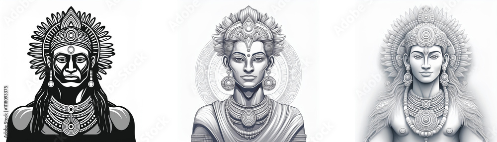 Fototapeta premium Three grayscale illustrations depict serene figures, adorned with ornate headdresses and jewelry, embodying spiritual tranquility and cultural significance.