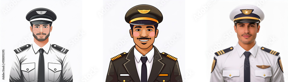 Three illustrated pilots in different uniform styles. Each wears a captain's hat and a tie. Three illustrated pilots in different uniform styles. Each wears a captain's hat and a tie.