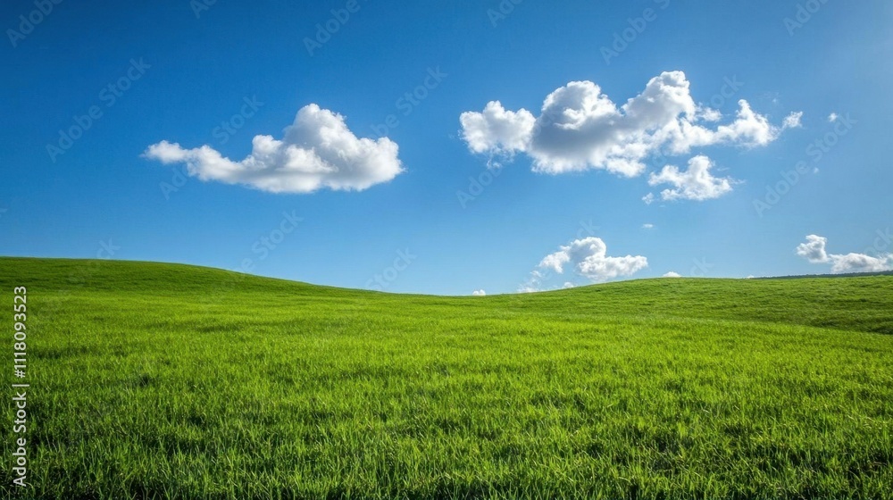 Lush green hills under a bright blue sky with fluffy white clouds. Lush green hills under a bright blue sky with fluffy white clouds.
