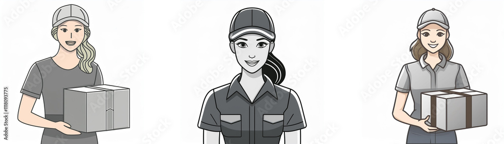 Three women in different work uniforms hold packages. They represent diverse delivery services or industries. Three women in different work uniforms hold packages. They represent diverse delivery services or industries.