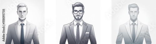 Wallpaper Mural Three grayscale illustrations of men in suits, conveying a sense of professionalism and anonymity.  Each man has a different hairstyle and facial features. Torontodigital.ca