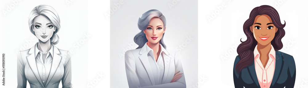 Three stylized portraits of women in business attire, showcasing diverse hairstyles and skin tones. Each woman exudes confidence and professionalism. Three stylized portraits of women in business attire, showcasing diverse hairstyles and skin tones. Each woman exudes confidence and professionalism.