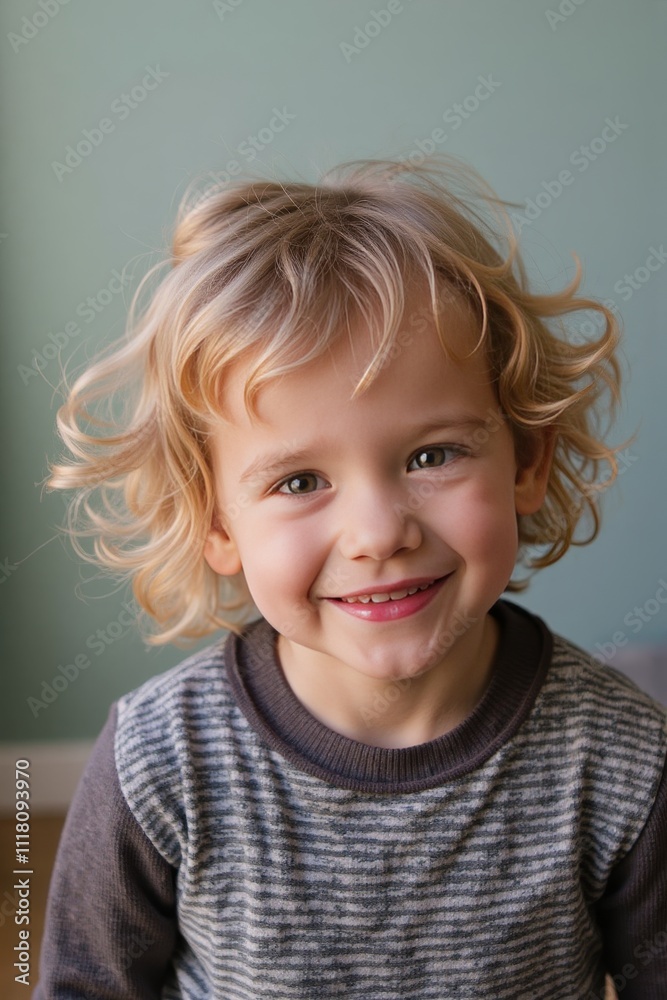Joyful portrait of a young boy with wavy blonde hair wearing a striped sweater against a light green background Joyful portrait of a young boy with wavy blonde hair wearing a striped sweater against a light green background