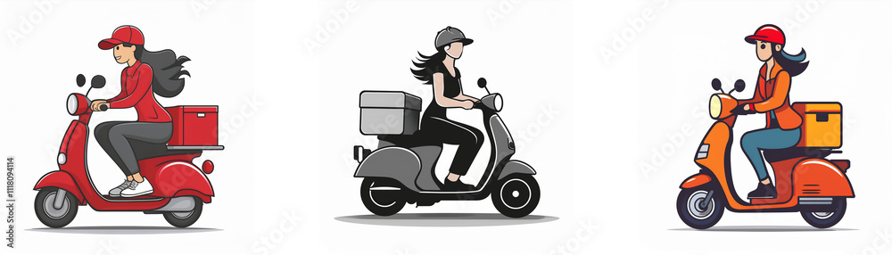 Three women deliver packages on scooters of different colors. Quick, efficient delivery service. Three women deliver packages on scooters of different colors. Quick, efficient delivery service.