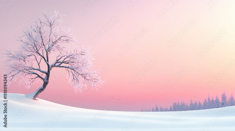 winter landscape with frosted tree and pastel sky at sunrise, serene and tranquil winter landscape with frosted tree and pastel sky at sunrise, serene and tranquil