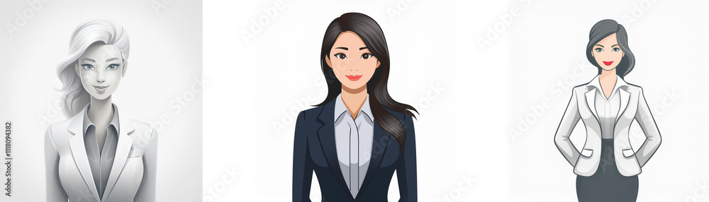 Three stylized illustrations of women in business attire. One is grayscale, the others are in color. They project professionalism and confidence. Three stylized illustrations of women in business attire. One is grayscale, the others are in color. They project professionalism and confidence.
