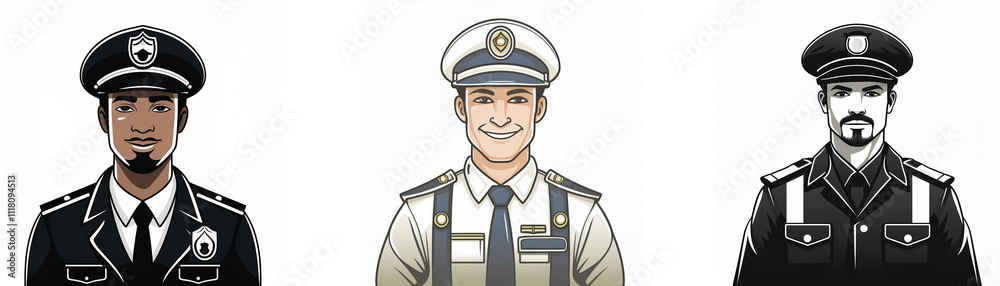 Three diverse police officers in uniform, showcasing different styles and ethnicities. Three diverse police officers in uniform, showcasing different styles and ethnicities.