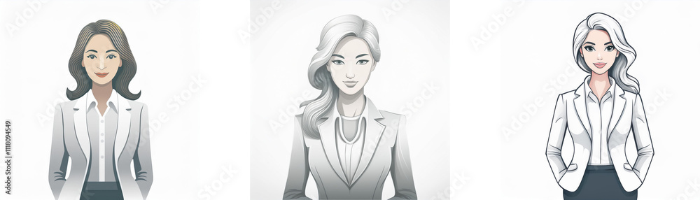 Three women in suits, depicted in grayscale, convey professionalism and elegance. Their hairstyles and expressions vary, suggesting diverse personalities within a similar professional context. Three women in suits, depicted in grayscale, convey professionalism and elegance. Their hairstyles and expressions vary, suggesting diverse personalities within a similar professional context.