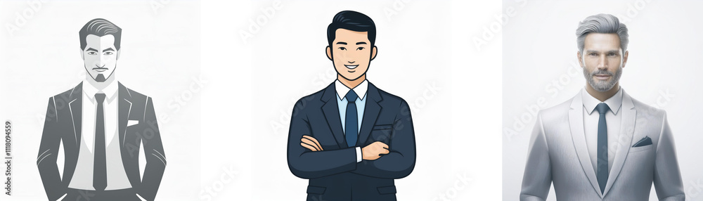 Three illustrated men in suits; one in grayscale, one in navy, one in light gray. They represent diverse professional styles. Three illustrated men in suits; one in grayscale, one in navy, one in light gray. They represent diverse professional styles.