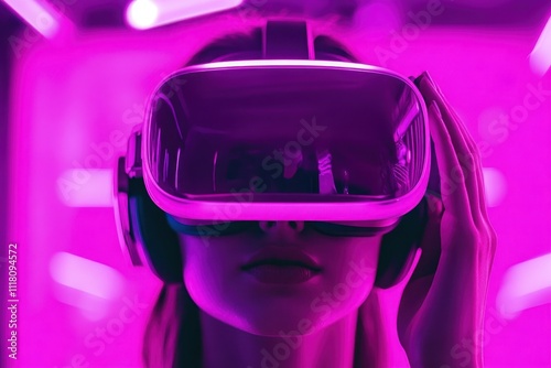 Female hands hold 3D 360 VR headset goggles in futuristic purple neon light