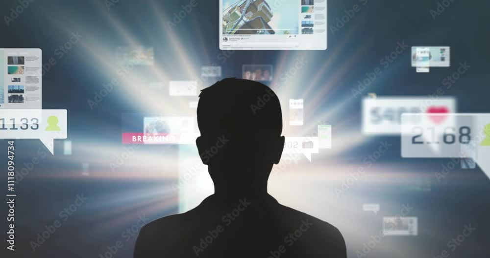Black silhouette of a person is overwhelmed by social media postings, flying content video and images, concept media consumption