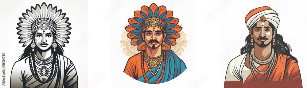 Three stylized portraits of regal figures in varying headdresses and attire. Illustrative art depicting cultural heritage. Three stylized portraits of regal figures in varying headdresses and attire. Illustrative art depicting cultural heritage.