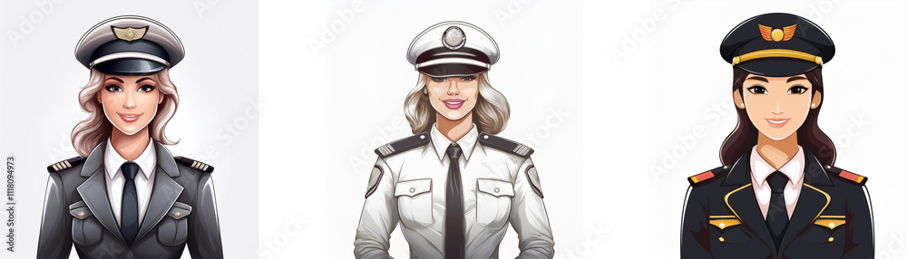 Three female officers in different uniforms, showcasing varied styles of military or law enforcement attire. They project professionalism and authority. Three female officers in different uniforms, showcasing varied styles of military or law enforcement attire. They project professionalism and authority.