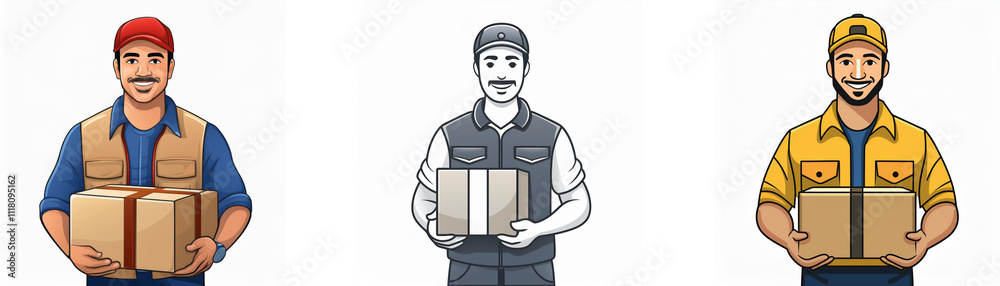 Three delivery workers, each in different uniforms, hold packages. They represent diverse delivery services. Three delivery workers, each in different uniforms, hold packages. They represent diverse delivery services.