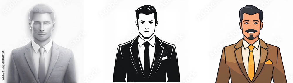 Three stylized illustrations of men in suits; one grayscale, one black and white, and one in color. Each depicts a different hairstyle and complexion. Three stylized illustrations of men in suits; one grayscale, one black and white, and one in color. Each depicts a different hairstyle and complexion.