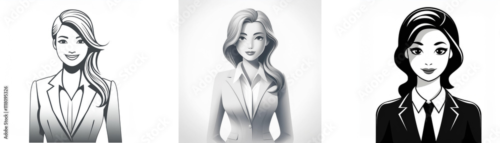 Three grayscale portraits of women in business suits. Each shows a different hairstyle and subtle variations in pose and expression. Three grayscale portraits of women in business suits. Each shows a different hairstyle and subtle variations in pose and expression.