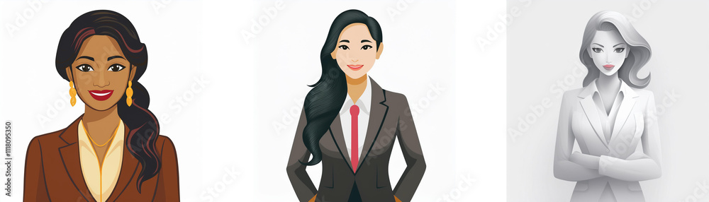 Three diverse women in business attire, showcasing professional styles and ethnicities. One woman wears a brown suit, another a dark gray suit, and the third a light gray suit. Three diverse women in business attire, showcasing professional styles and ethnicities. One woman wears a brown suit, another a dark gray suit, and the third a light gray suit.
