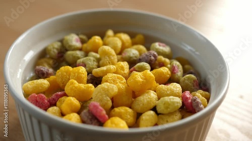 pouring colorful fruity cereal into an empty white bowl 