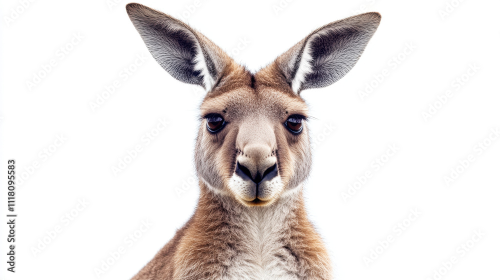 Close-up of a kangaroo against a white background, highlighting its curious expression and large ears. Close-up of a kangaroo against a white background, highlighting its curious expression and large ears.