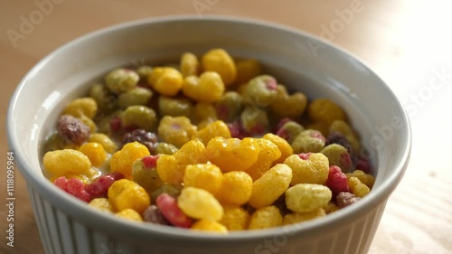 scooping colorful fruity cereal with a spoon from a bowl full of milk