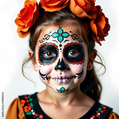 Young girl with colorful skull makeup and flowers for Día de los Muertos celebration