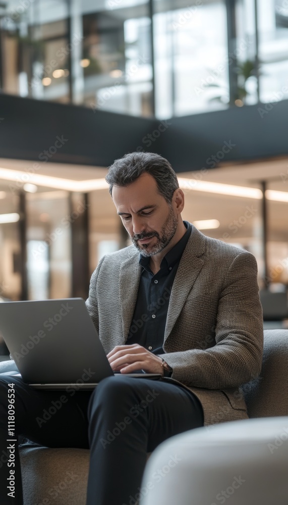 Business professional diligently working on laptop in a contemporary office lobby setting