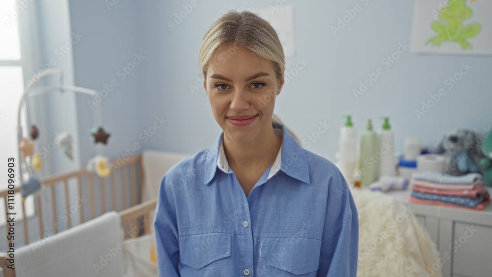 Woman smiling in a cozy bedroom with a baby cradle, surrounded by calm decor, embodying warmth and tranquility in a nurturing home setting. Woman smiling in a cozy bedroom with a baby cradle, surrounded by calm decor, embodying warmth and tranquility in a nurturing home setting.