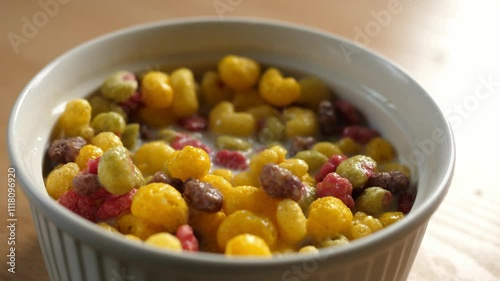 scooping colorful fruity cereal with a spoon from a bowl full of milk