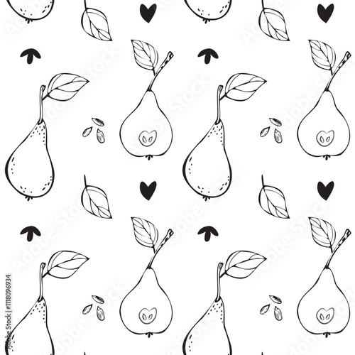 Seamless vector pattern with pears, leaves and cute hearts, black and white. Cute fruit print.