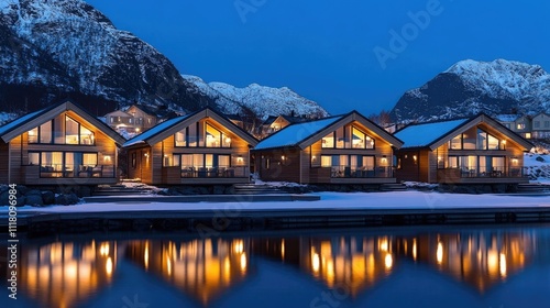 Illuminated red wooden houses create a magical ambiance at night in Islands, beautifully reflecting on tranquil waters