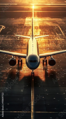 Aerial view of an airplane on a runway during sunset. photo