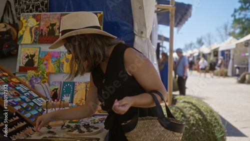 Foto Woman browsing colorful artwork at outdoor market in palma mallorca spain on a s