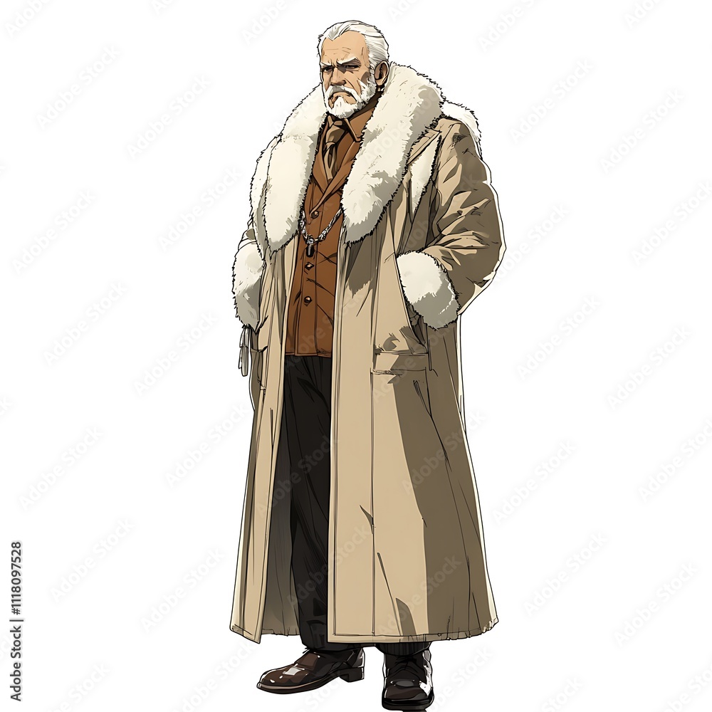 Anime elderly man in a long fur-trimmed coat on a white background