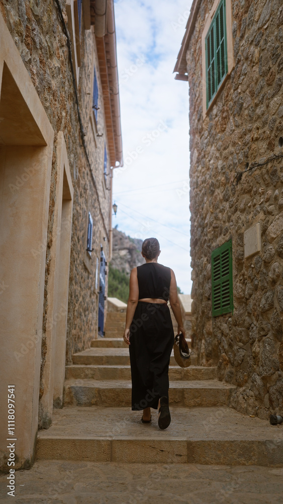 Young woman exploring narrow street in port de valldemossa, mallorca, spain, showcasing traditional stone buildings and clear blue sky above. Young woman exploring narrow street in port de valldemossa, mallorca, spain, showcasing traditional stone buildings and clear blue sky above.